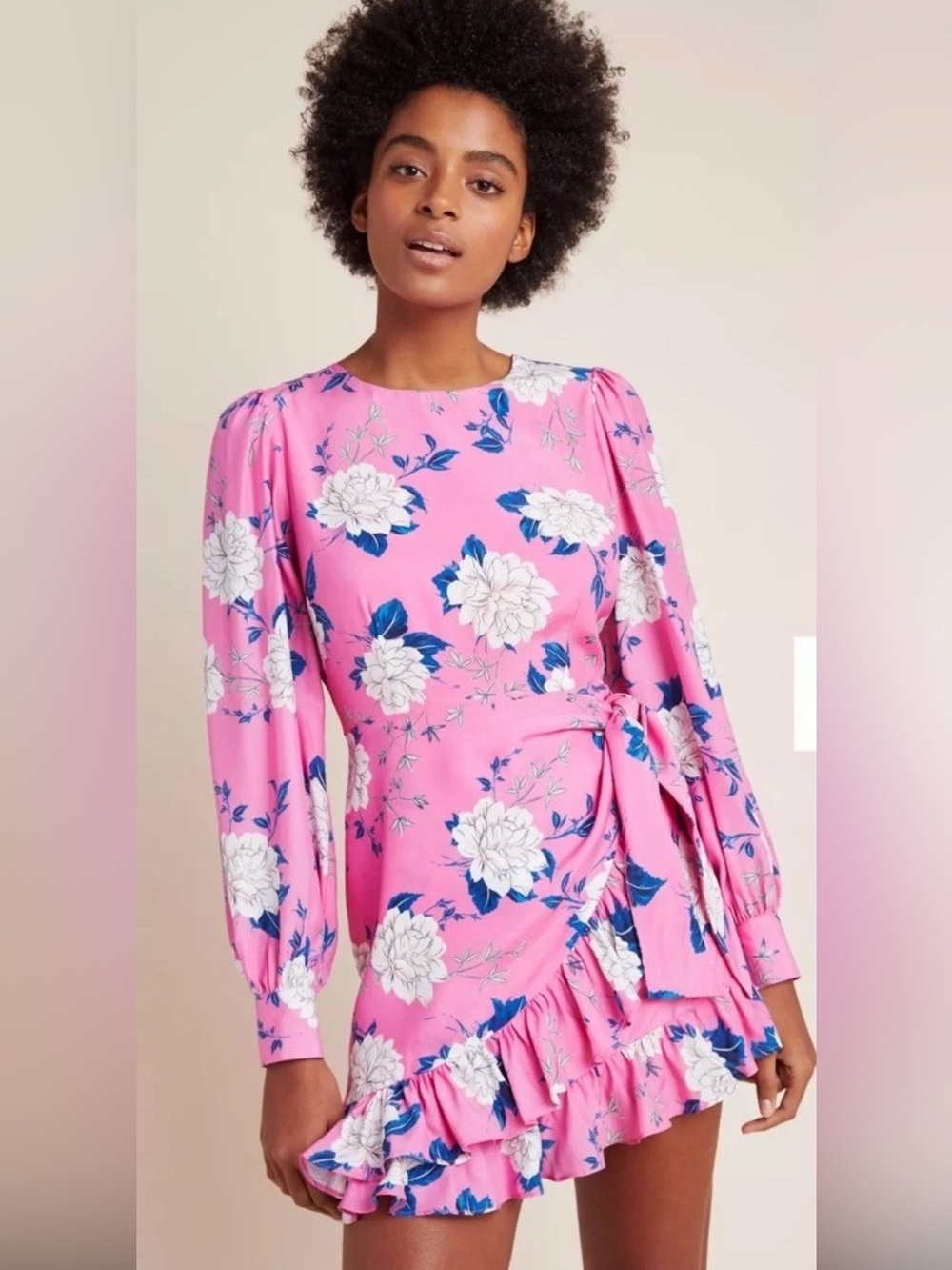 Yumi Kim Daphne Silk Velvet Morning Pink Floral Faux Wrap Ruffle Mini Dress Sz 0